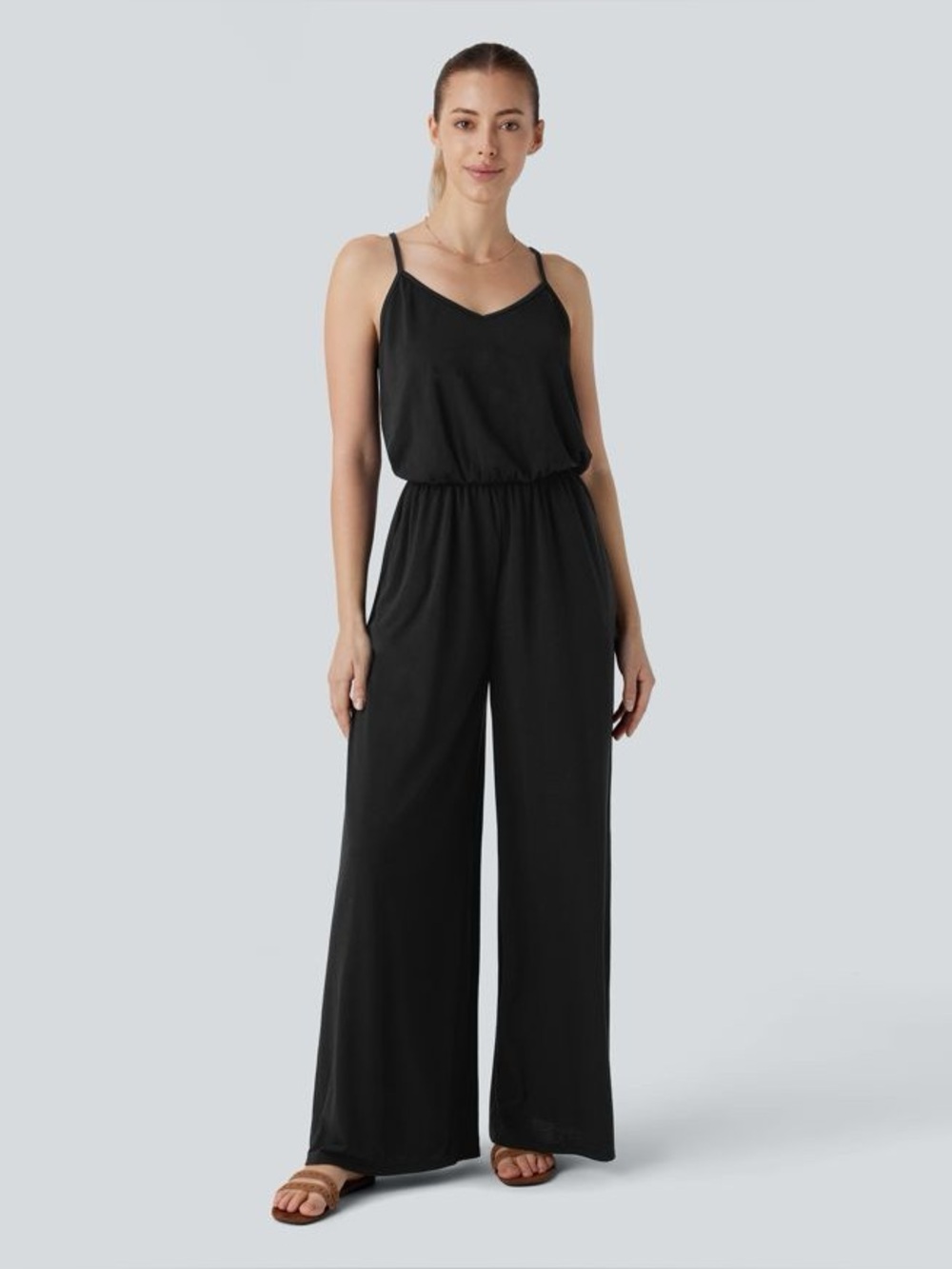 HALARA Black Wide-Leg Spaghetti-Strap Jumpsuit with Elastic Waist pockets